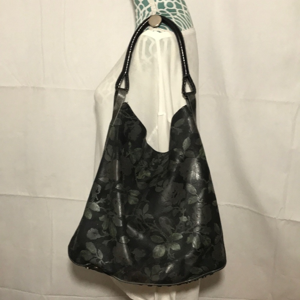 KENZO VTG Army Green & Black Floral Vintage Leather Shoulder Hobo Purse